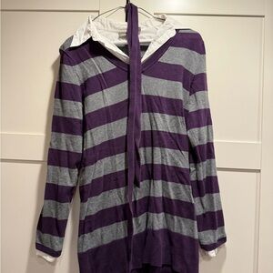 Purple and Gray Striped Sweater with White Collar